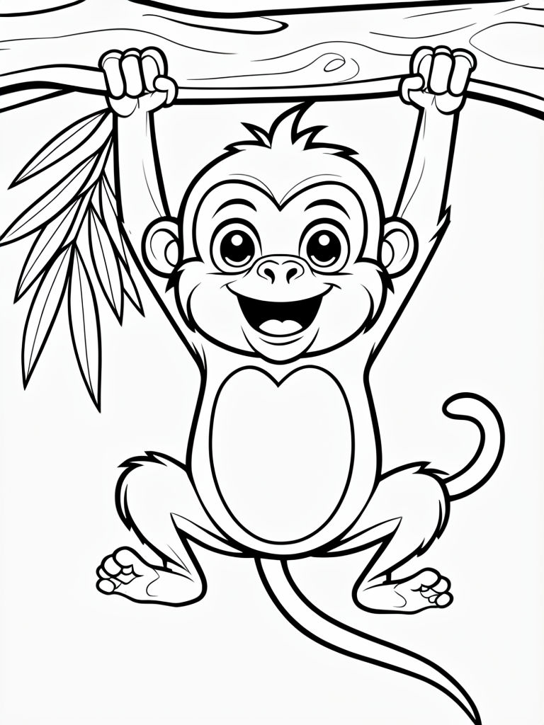 Cheerful Monkey Hanging from Tree Branch Coloring Book Page