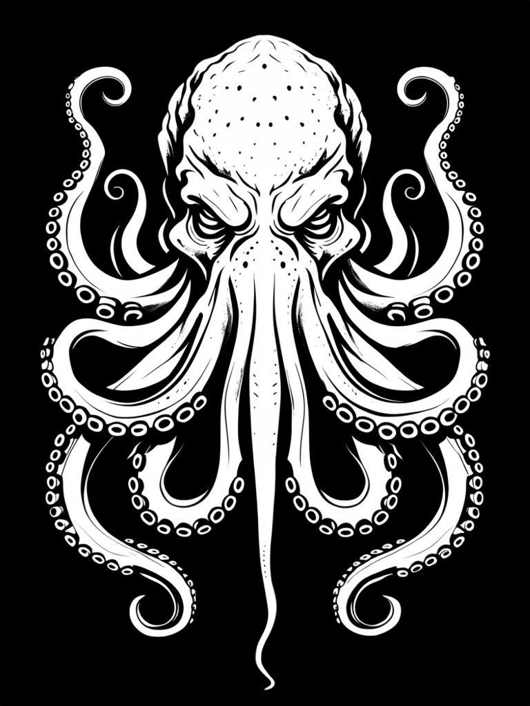 Eerie Black and White Octopus Creature Illustration T-Shirt