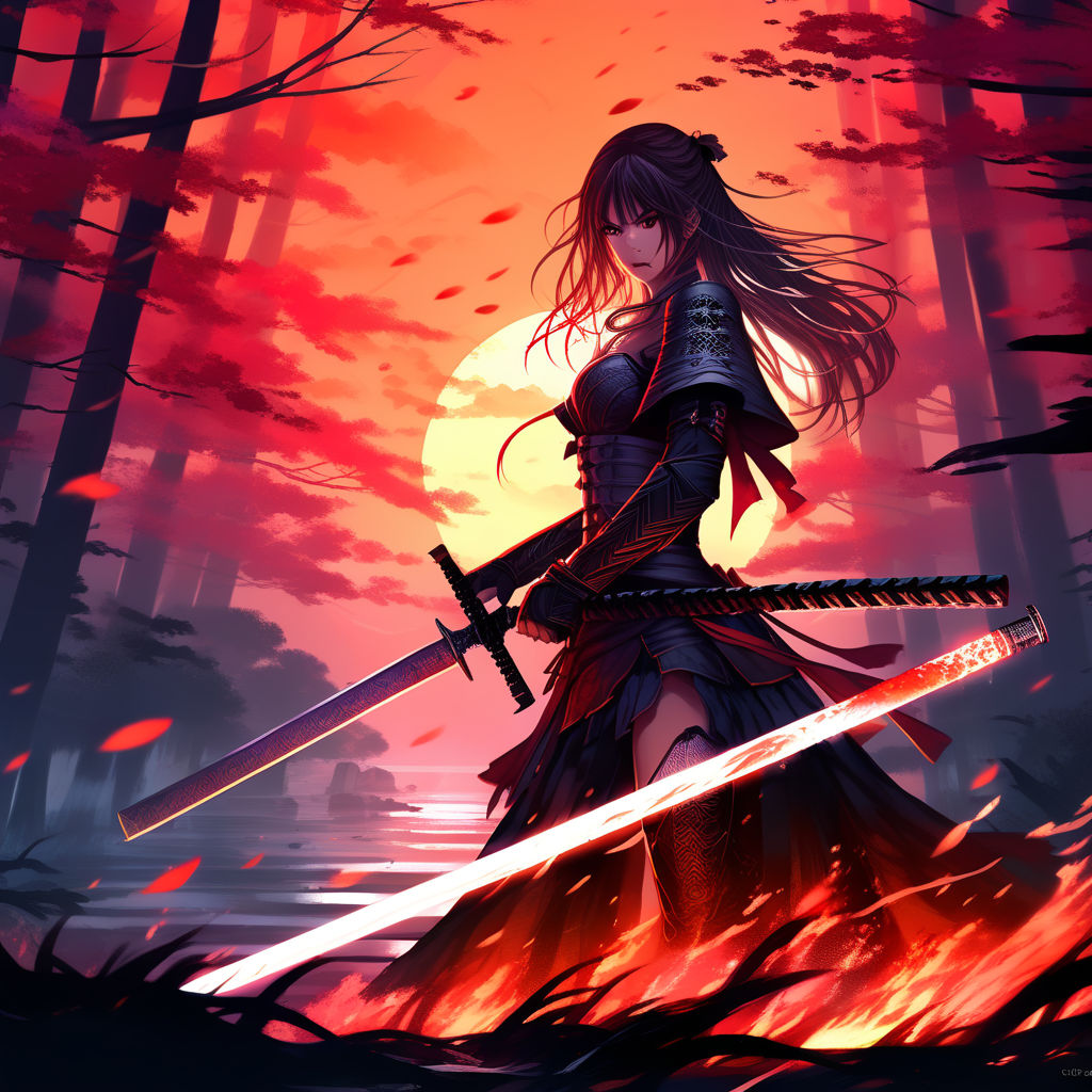 Bloody Anime Girl With Katana Crazy Burning Forest By