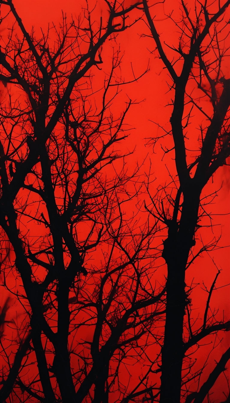 Dramatic Silhouettes of Tree Branches on Intense Red Background Mobile Wallpaper