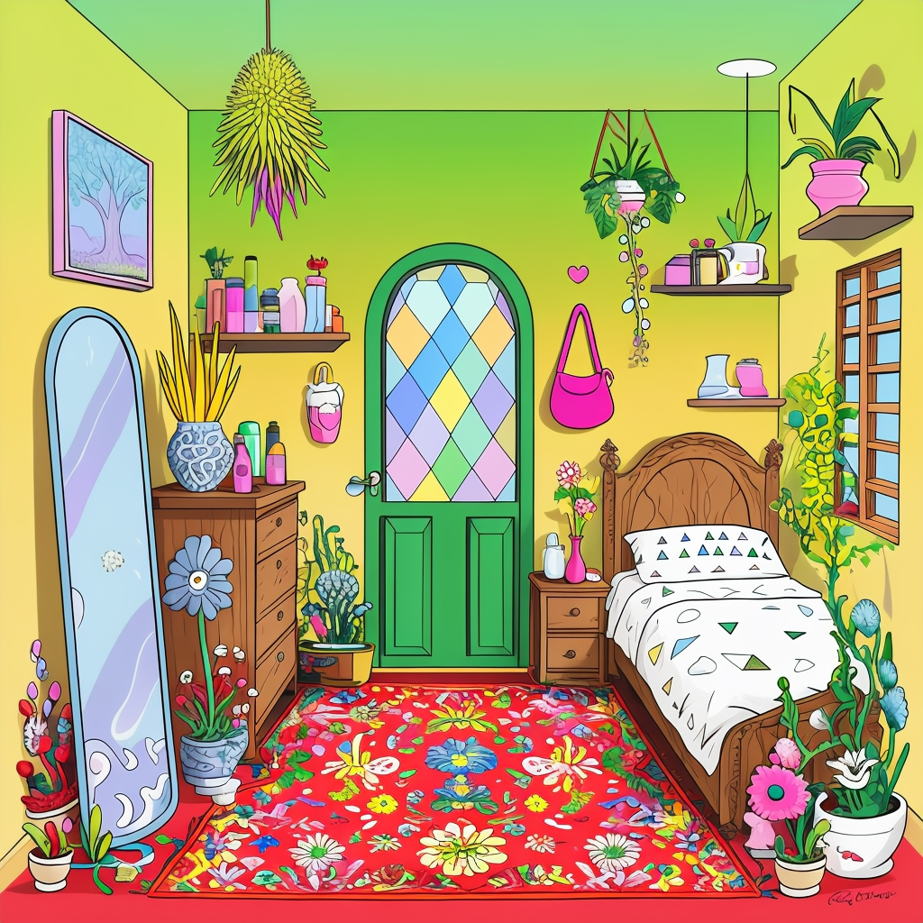 Whimsical Colorful Bedroom Cartoon Illustration