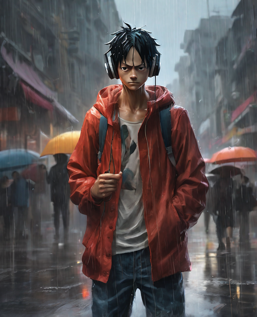 Luffy from One Piece in a rainy city setting by John - Playground