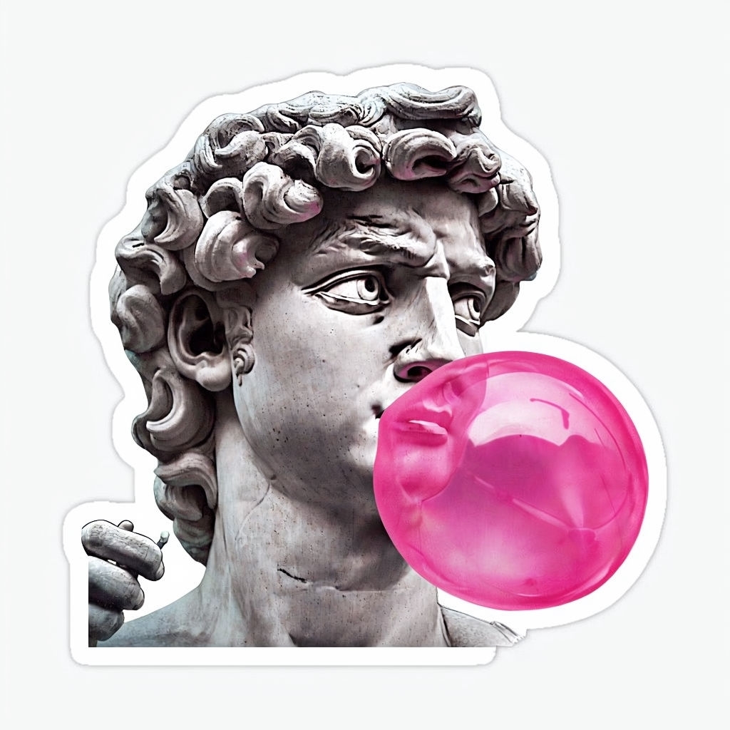 Grayscale Michelangelo David with Neon Pink Bubblegum Sticker