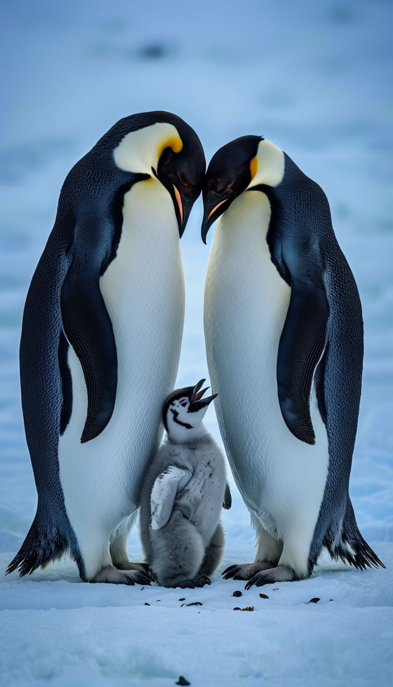 Heartwarming Emperor Penguins Family Moment in Snowy Habitat Mobile Wallpaper