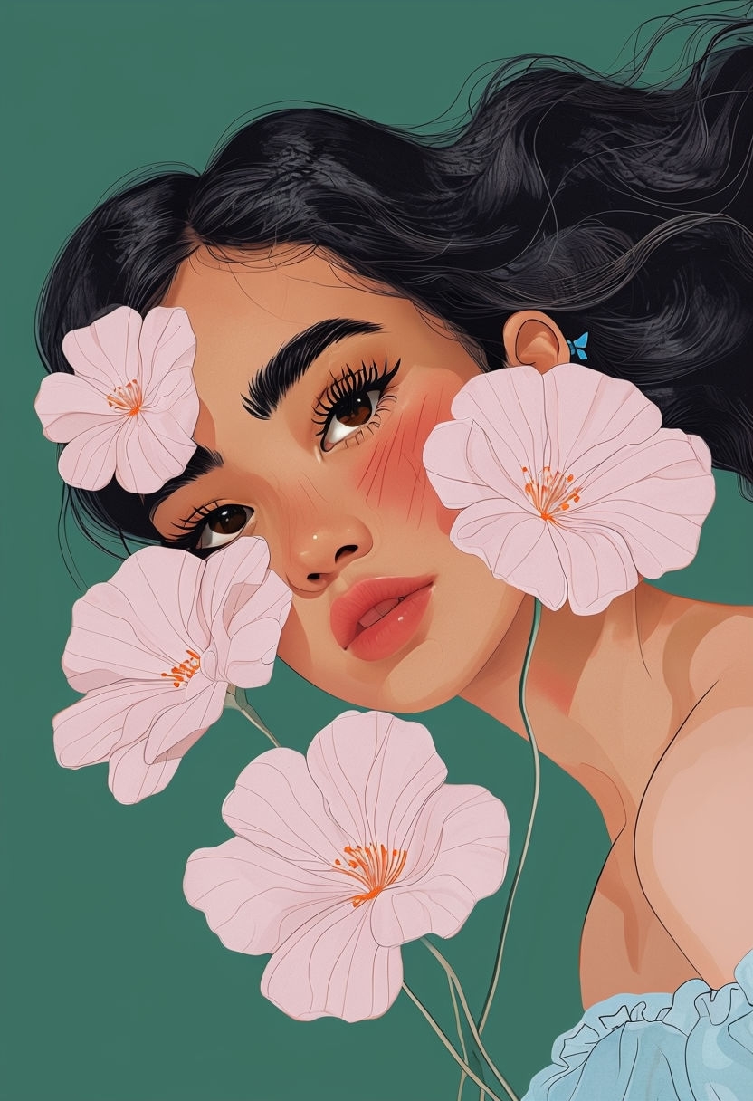 Dreamy Woman with Flowers and Forest Green Background Art