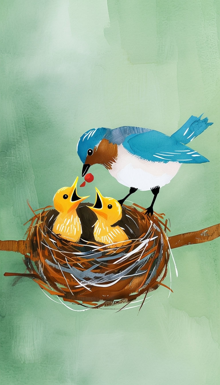 Nurturing Mother Bird Feeding Baby Birds in Nest Illustration Mobile Wallpaper