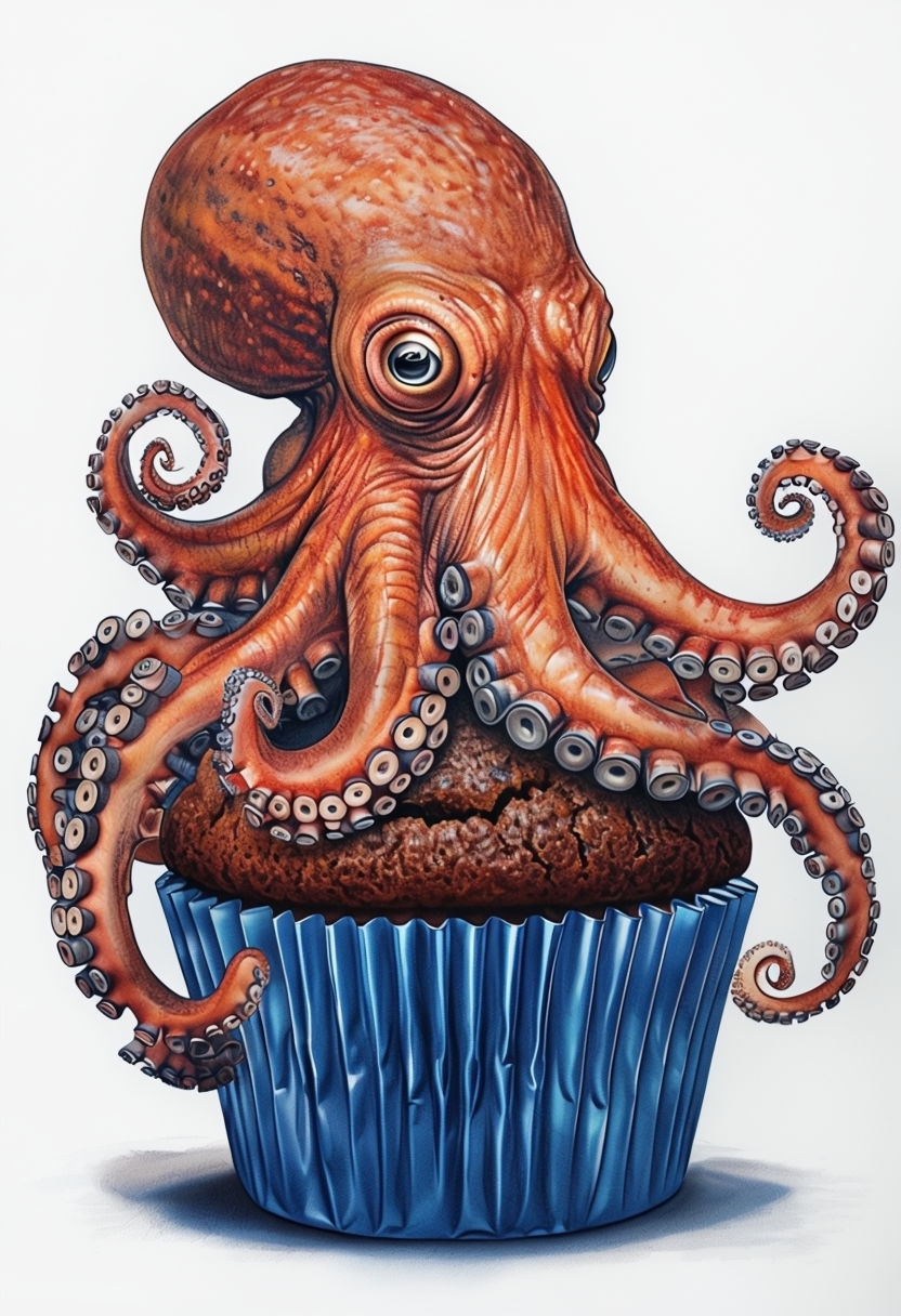 Whimsical Cartoon Octopus Cupcake Illustration Art