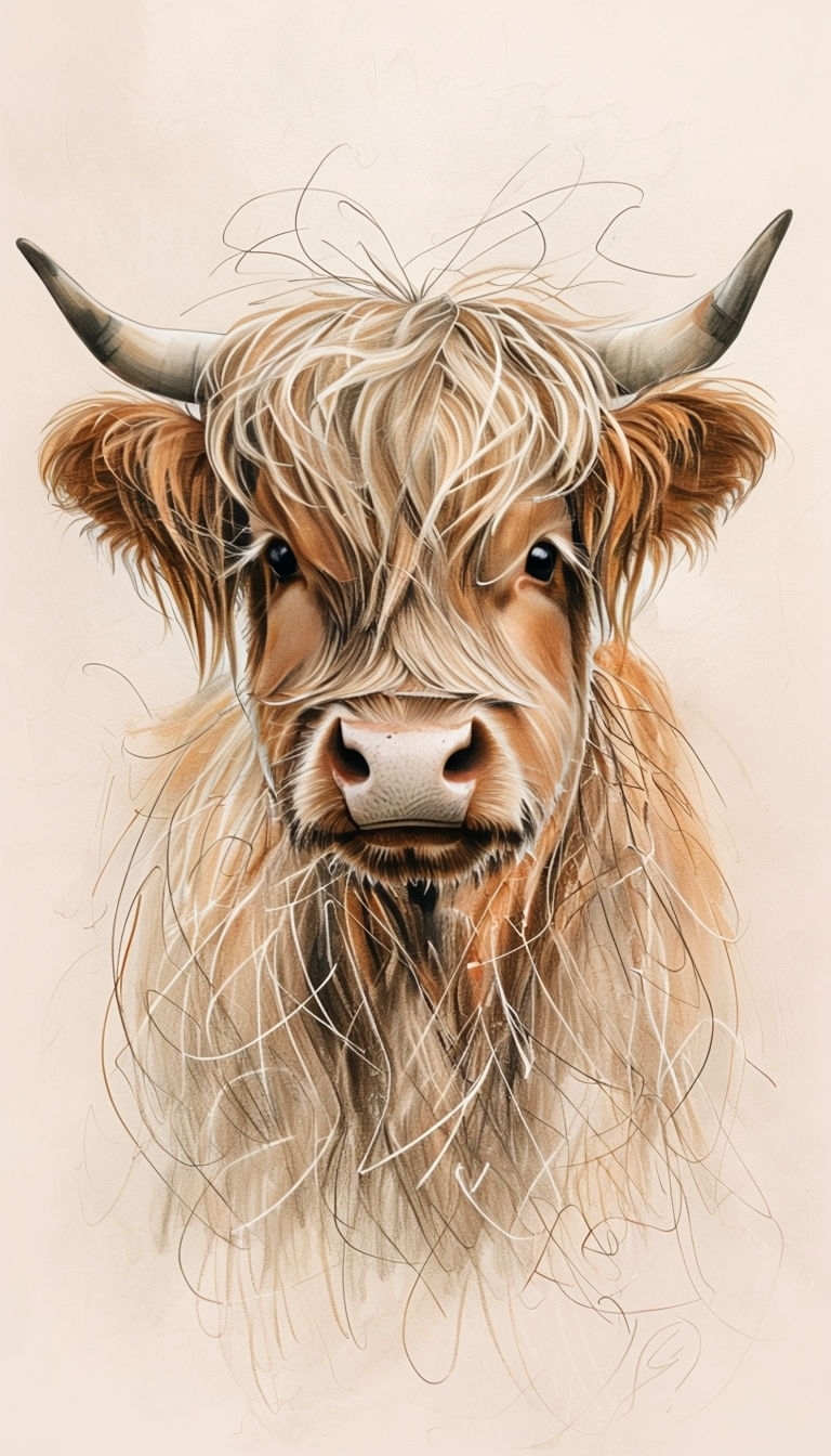 Charming Highland Cow Scribble Drawing with Soft Textures Art