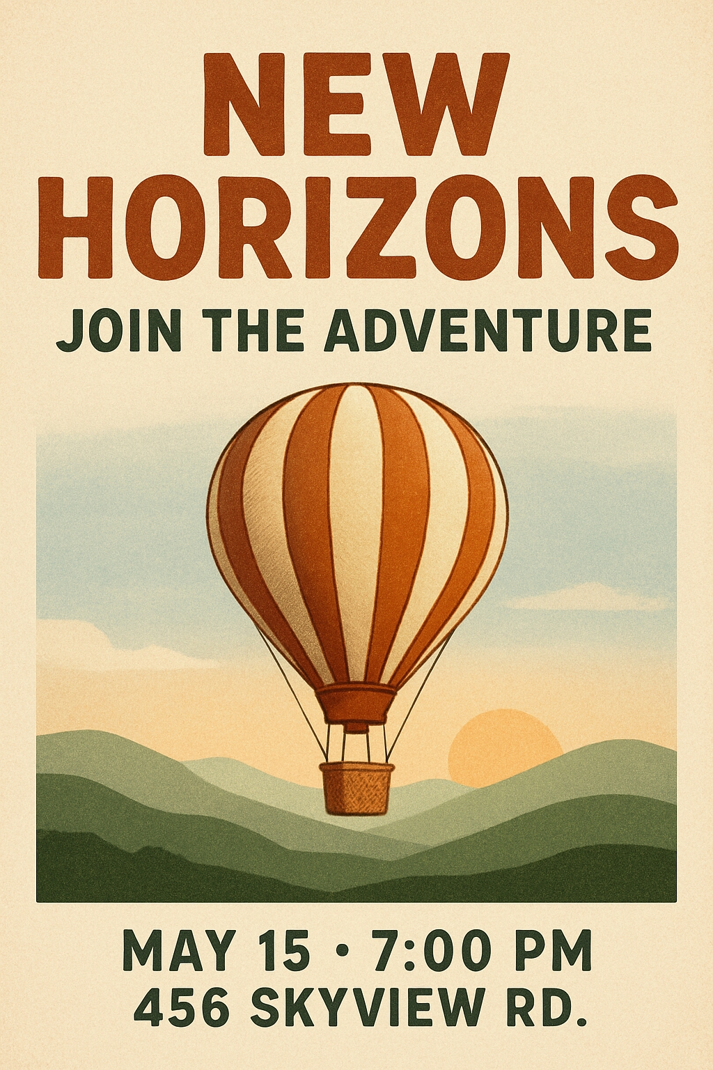 New Horizons Vintage Adventure Poster with Hot Air Balloon Design Cards & Invites