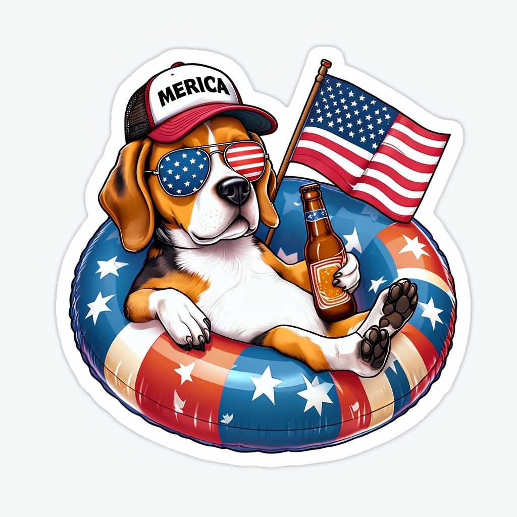 Patriotic Beagle Dog Sticker with Aviator Sunglasses and Flag