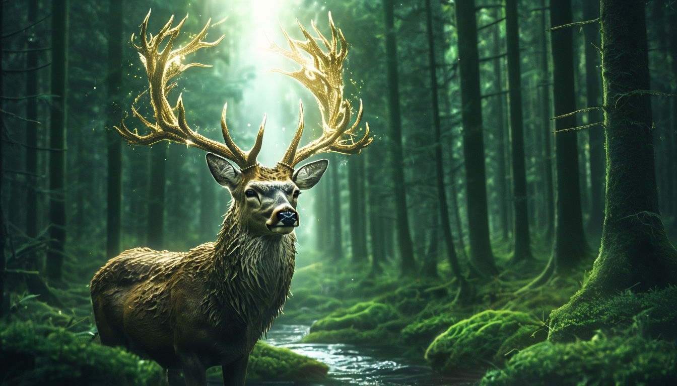 Majestic Deer in Enchanted Forest Digital Artwork Background