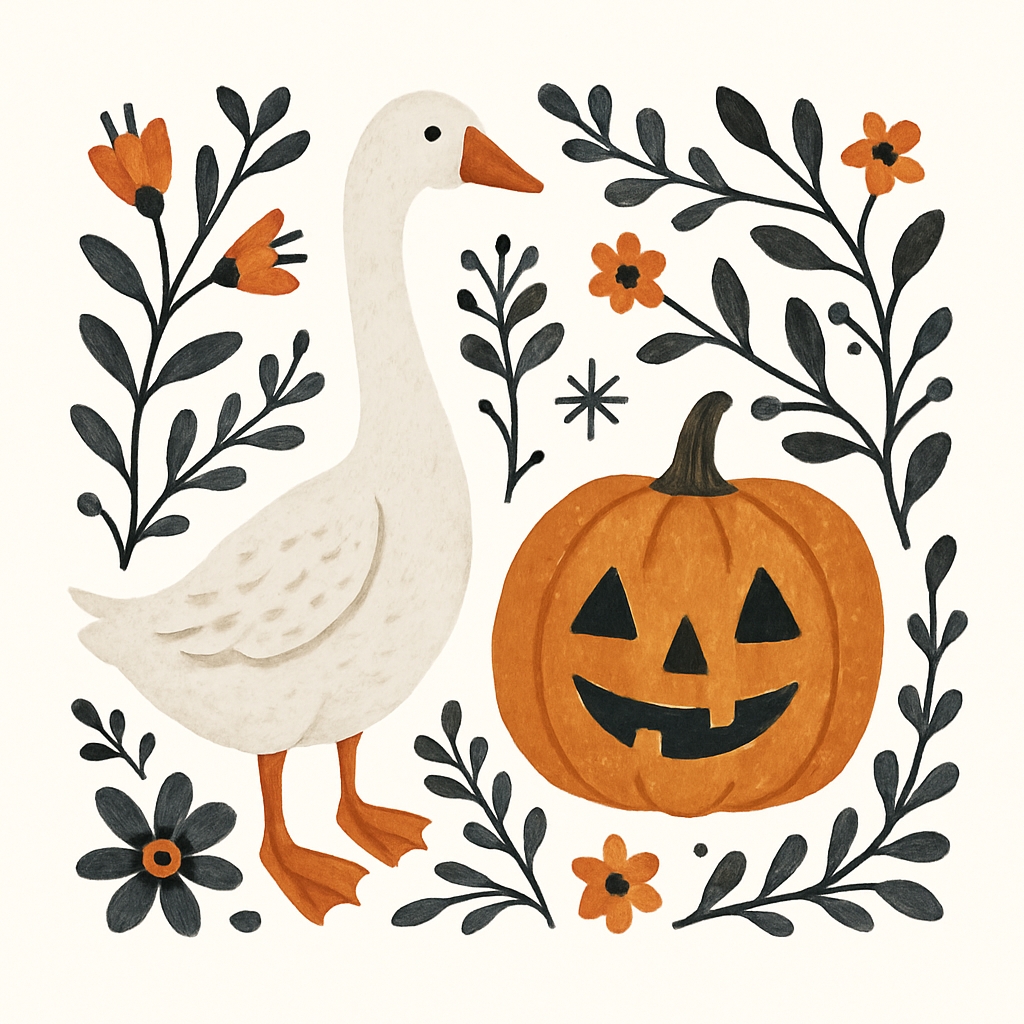 Whimsical White Duck and Pumpkin Folk Art T-Shirt