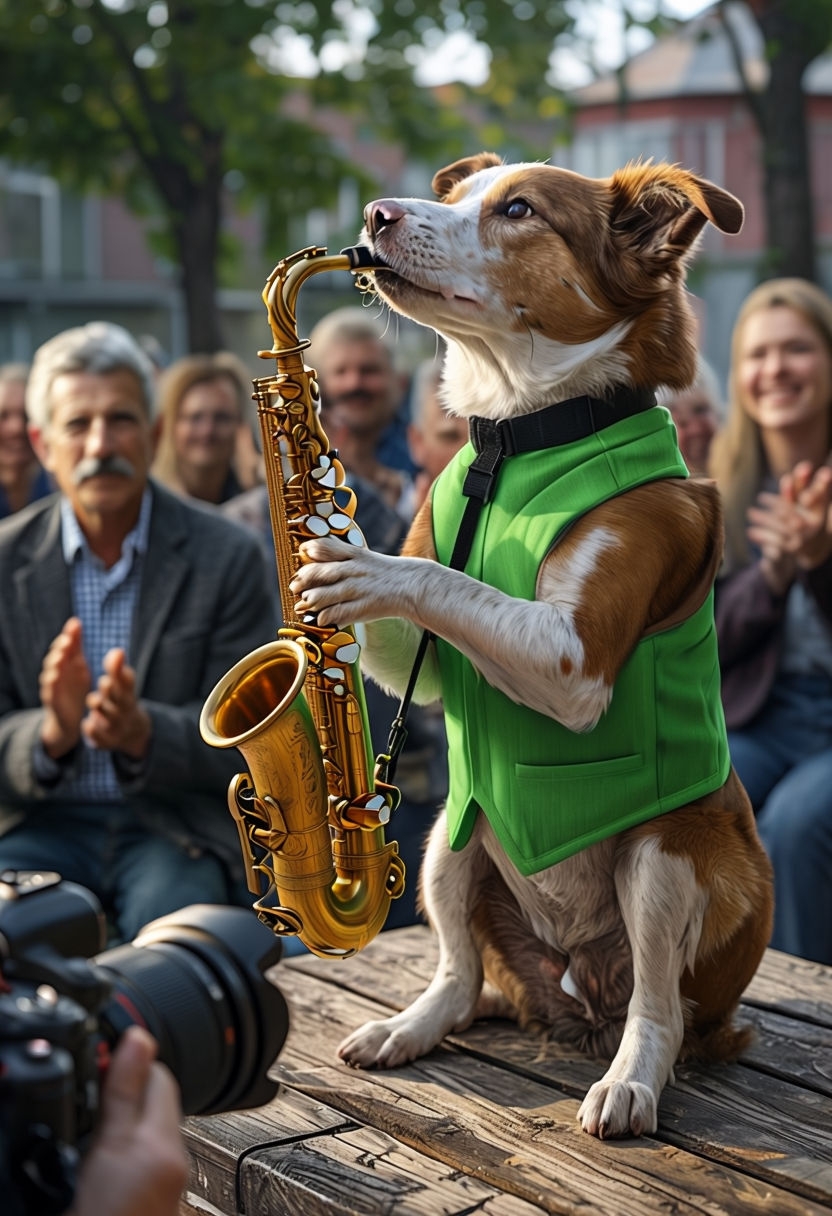 Whimsical Dog Playing Saxophone in Concert Photograph