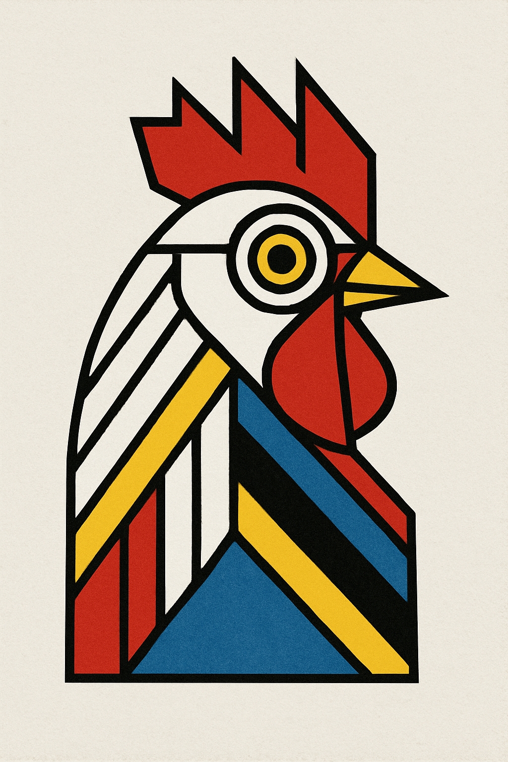 Geometric Rooster Head Illustration in Bold Primary Colors Art