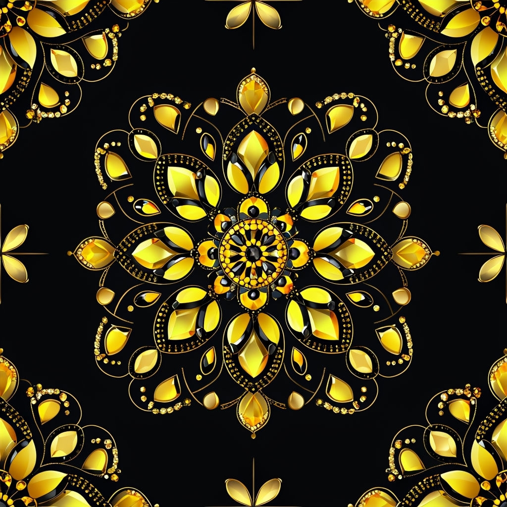 Intricate Yellow Black Gemstone Mandala Seamless Pattern