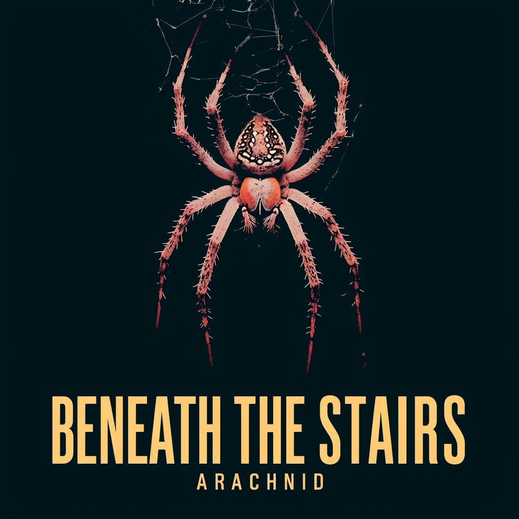 Striking Arachnid Album Cover for Beneath The Stairs