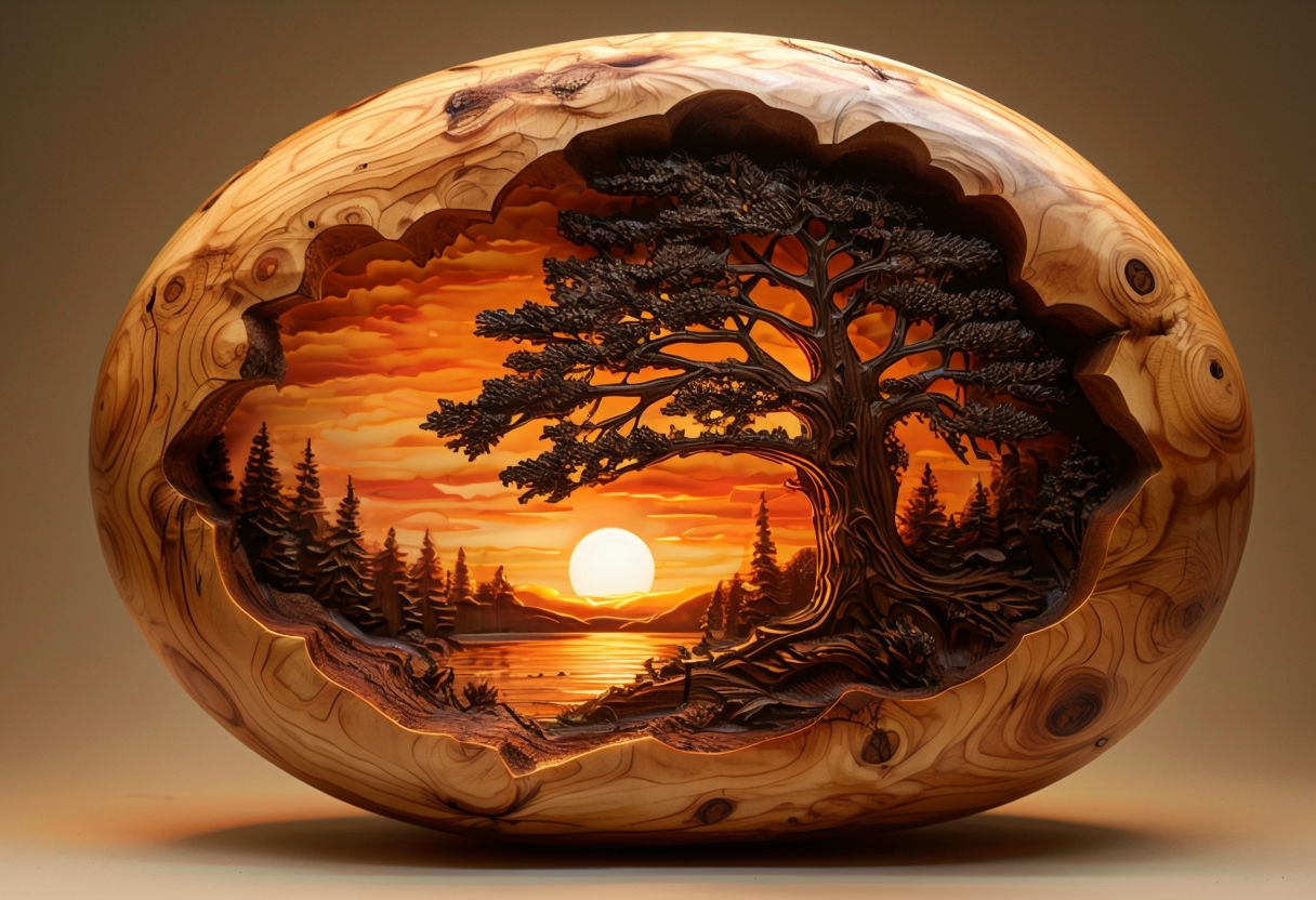 Intricate Wood Carving Egg with Serene Sunset Landscape Art