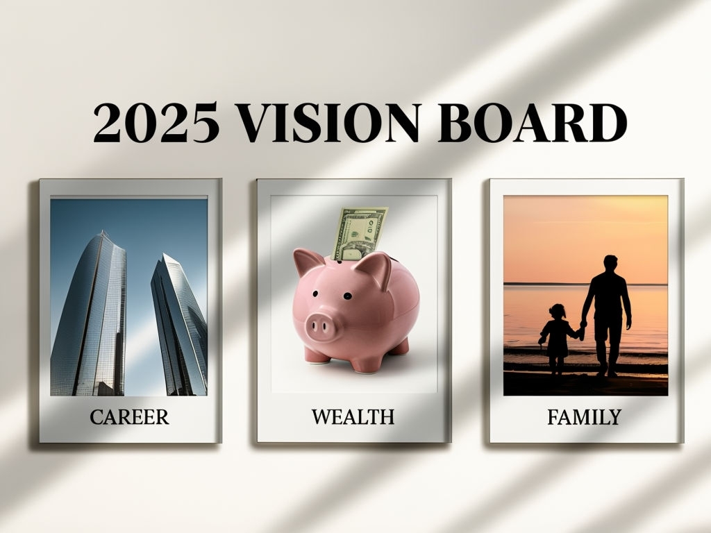 Inspiring 2025 Vision Board with Career, Wealth, and Family Print Social Media Post