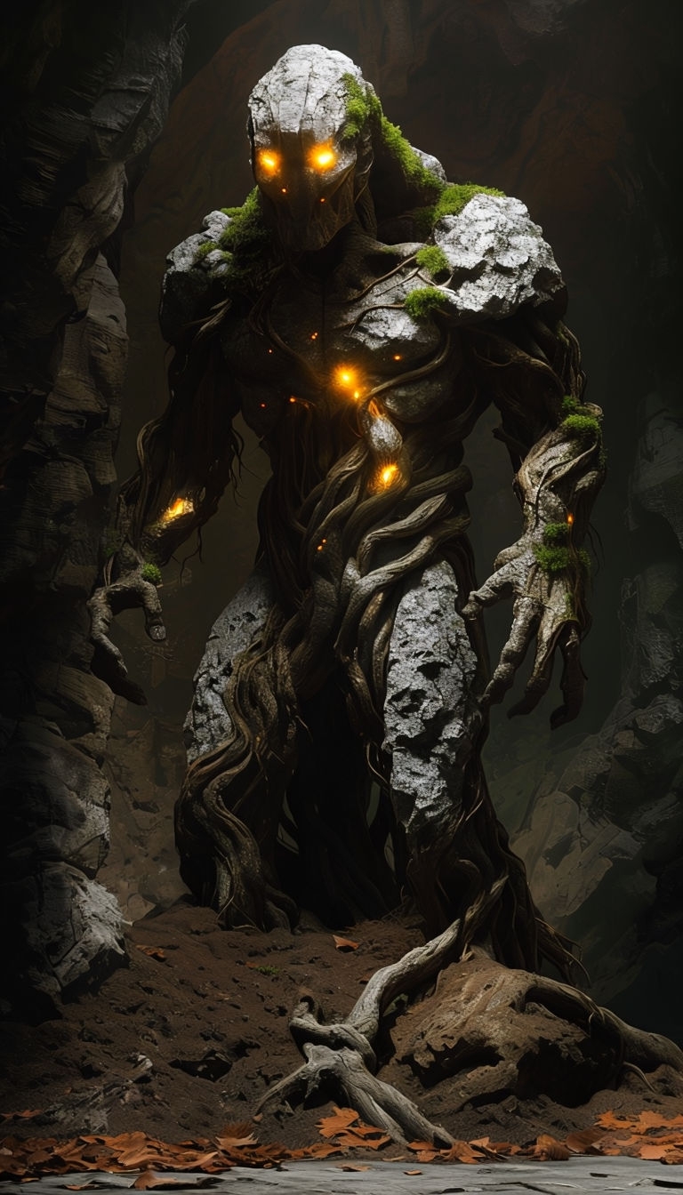Majestic Tree Root Sentinel Figure in Dark Forest Mobile Wallpaper
