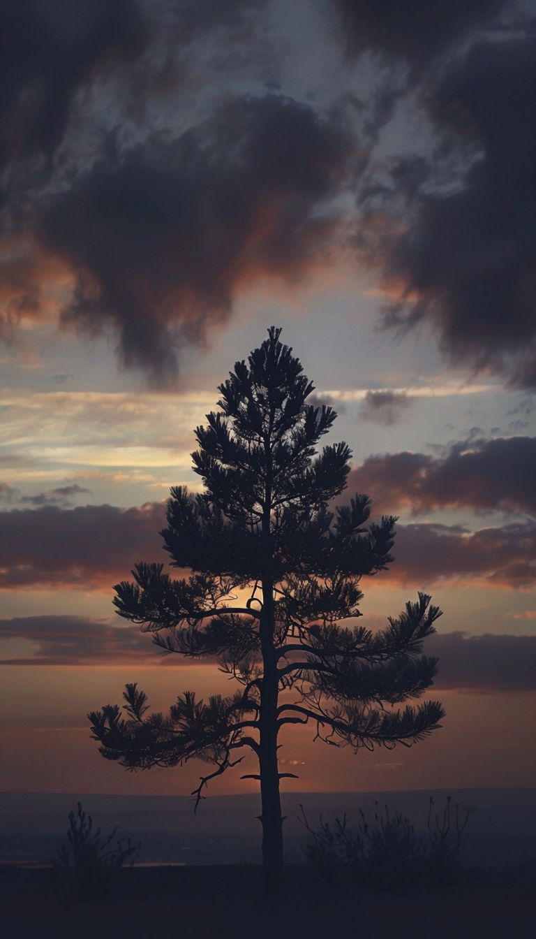 Tranquil Pine Tree Silhouette Against Dreamy Sunset Mobile Wallpaper