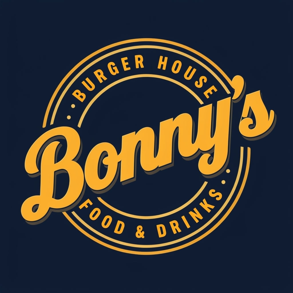 Bonny's Burger House Modern Logo Design in Navy Blue and Gold