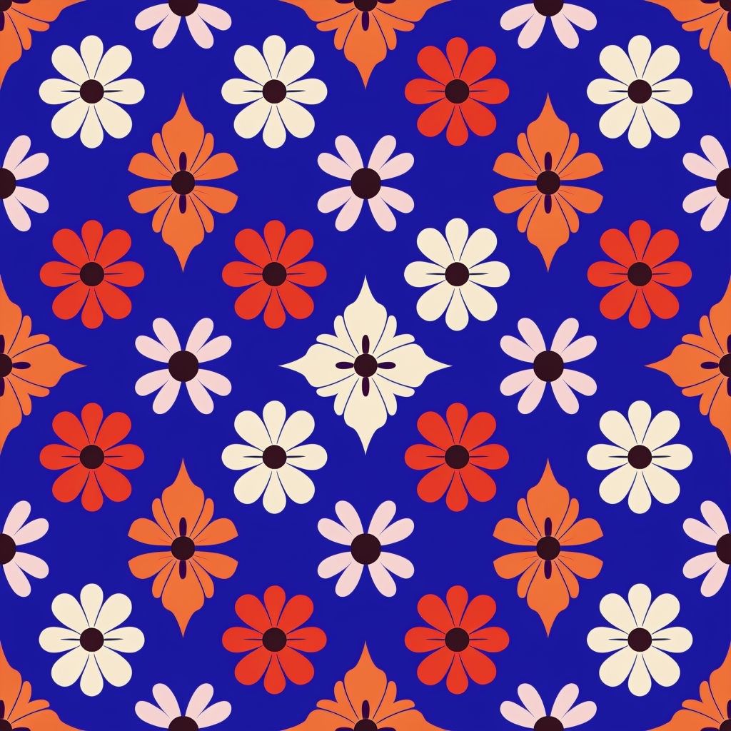 Vibrant Retro Floral Seamless Pattern on Deep Blue Background