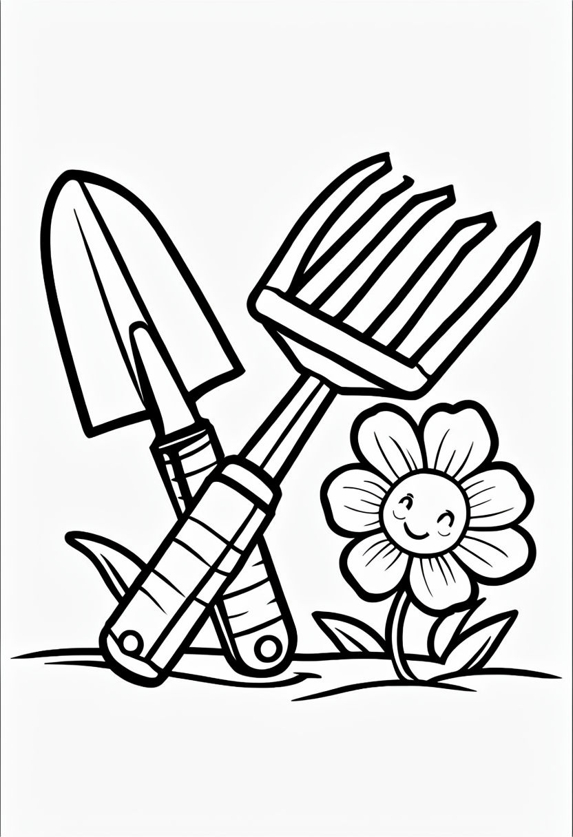 Charming Black and White Garden Tools and Flower Coloring Page