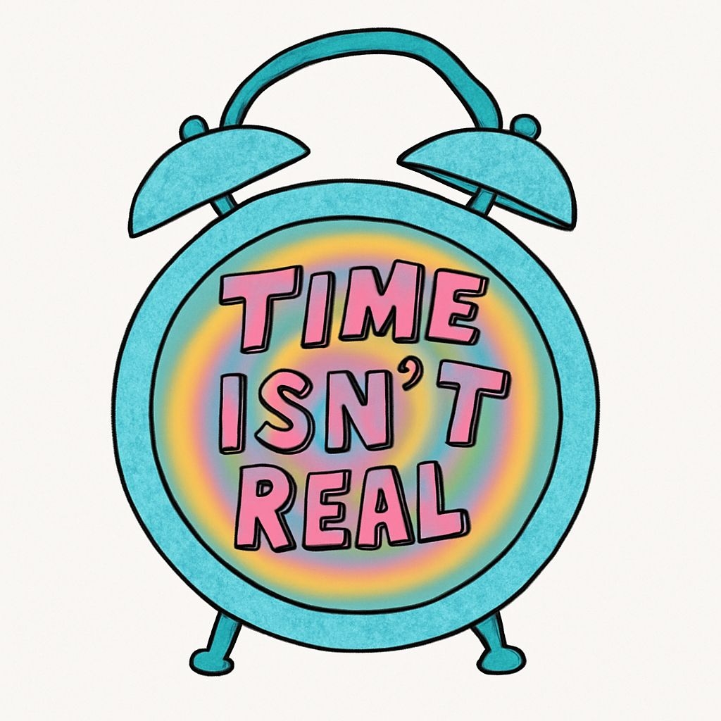 Playful Retro Alarm Clock with 'Time Isn't Real' Sticker
