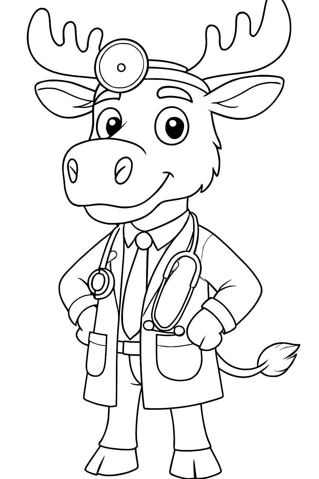 Confident Anthropomorphic Moose Character in Lab Coat Coloring Book Pages