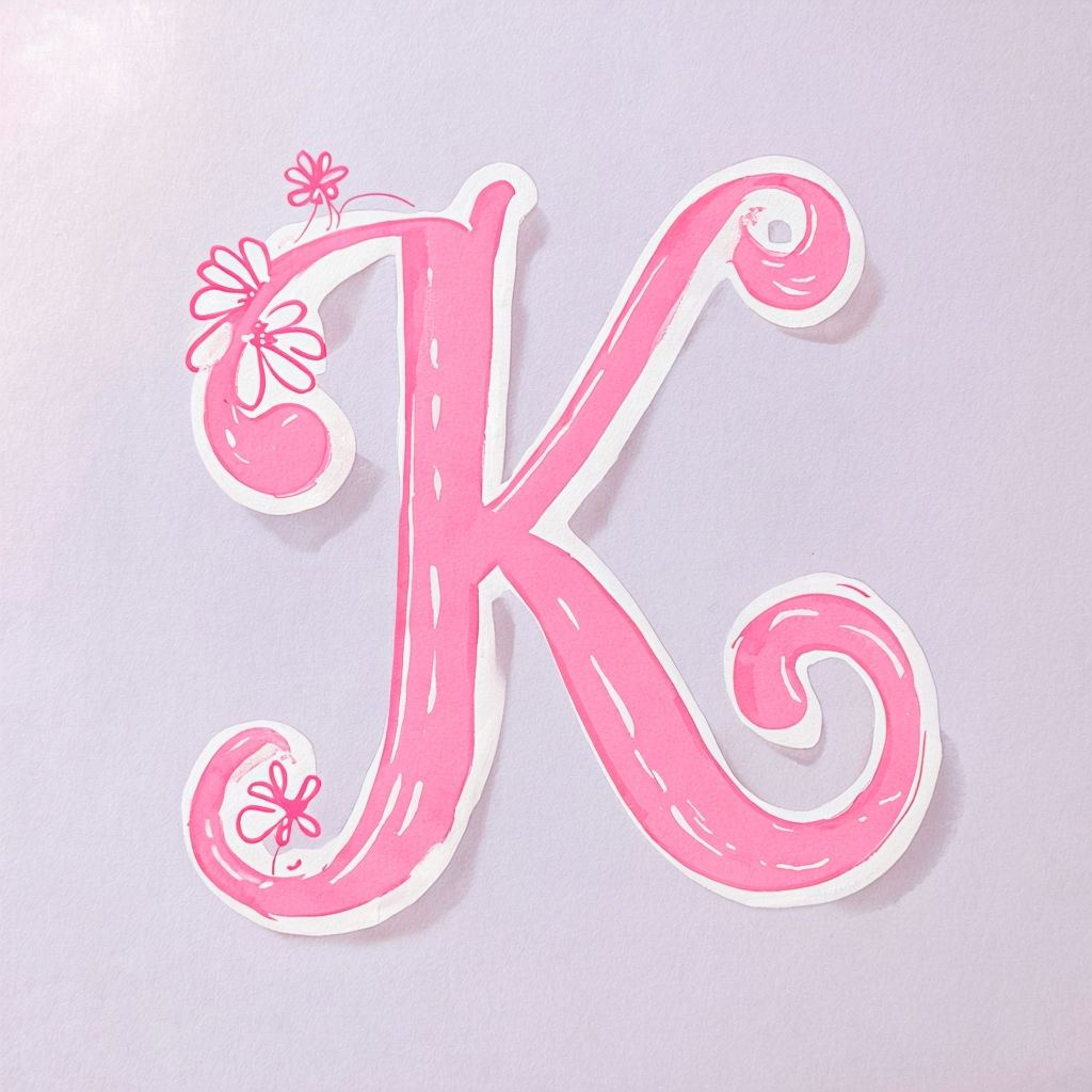 Whimsical Pink 'K' Monogram with Floral Accents Art