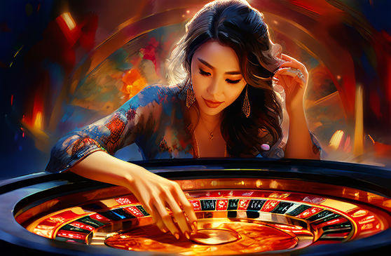 Intricate watercolor of an ornate roulette wheel, center stage, bathed in soft ambient casino lighting, with an Asian woman, elegantly dressed, placing a bet, wheels' intricate detail, woman's attire elaborate, hand gestures captured skillfully, background subtle impressions of crowded gaming tables, exquisite color balance, finish the scene with golden ratio composition.