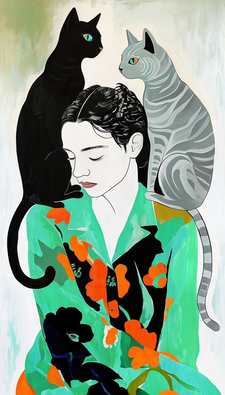 Introspective Figure Surrounded by Stylized Cats Art