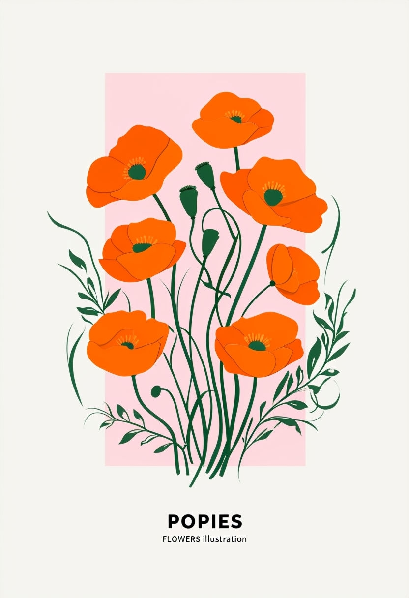 Modern Minimalist Orange Poppy Floral Illustration Poster