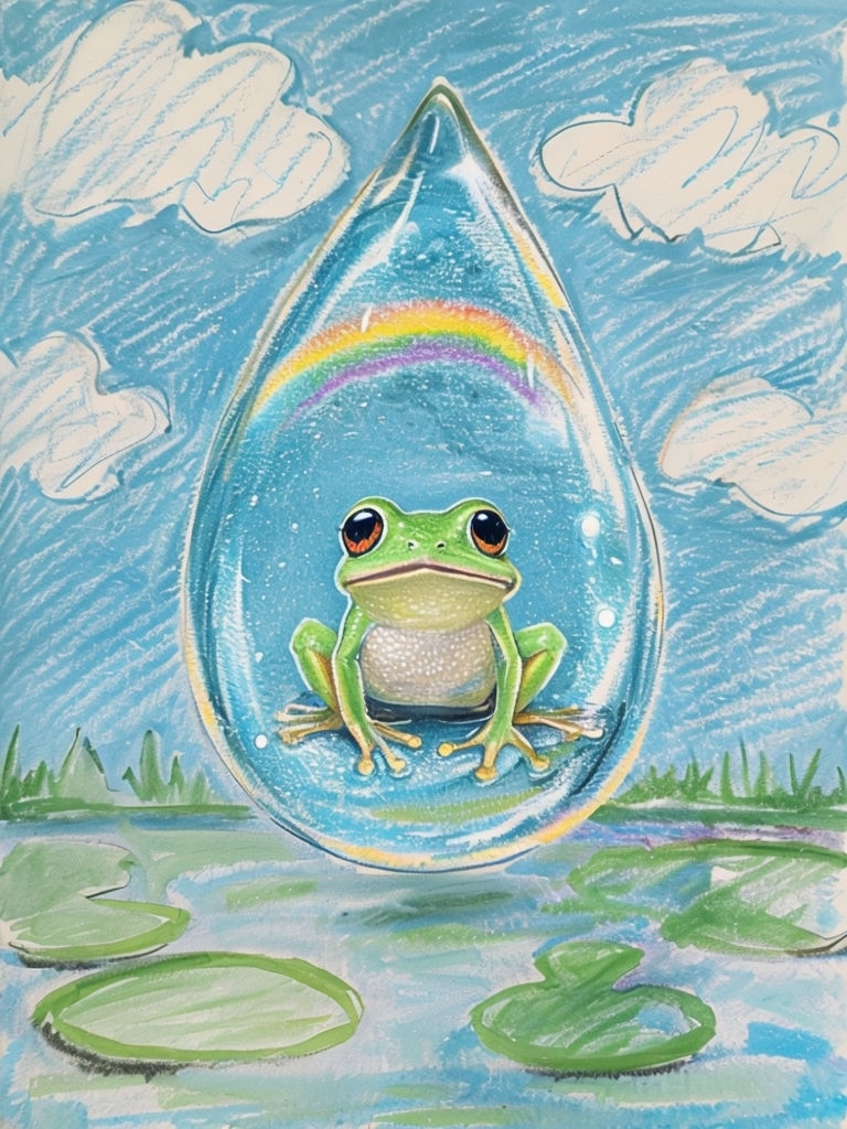 Whimsical Green Frog in Floating Raindrop with Rainbow Art