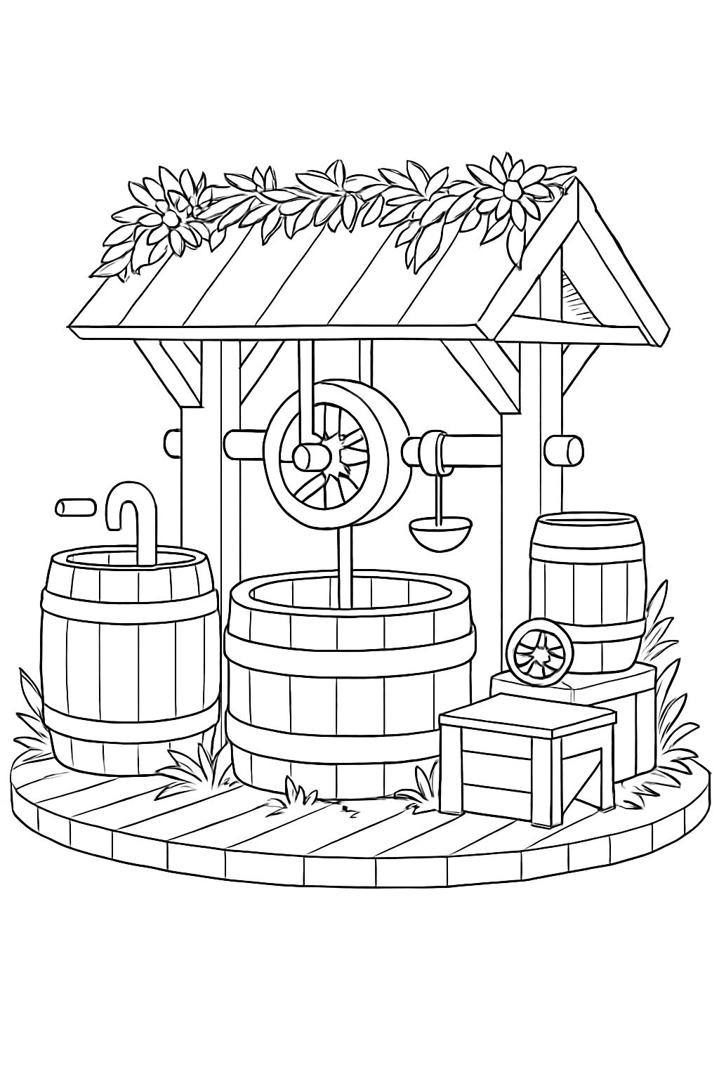 Charming Cartoon Well Structure Black and White Line Drawing Coloring Book Pages