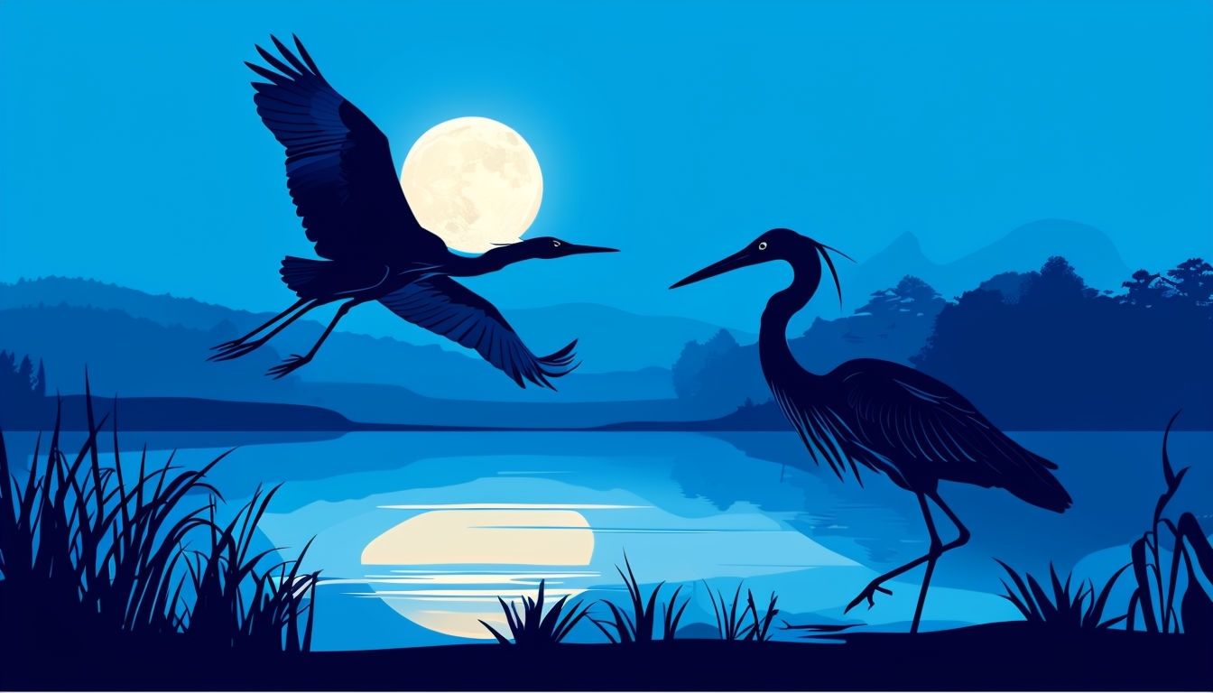 Serene Twilight Landscape with Herons and Full Moon Virtual Backgrounds