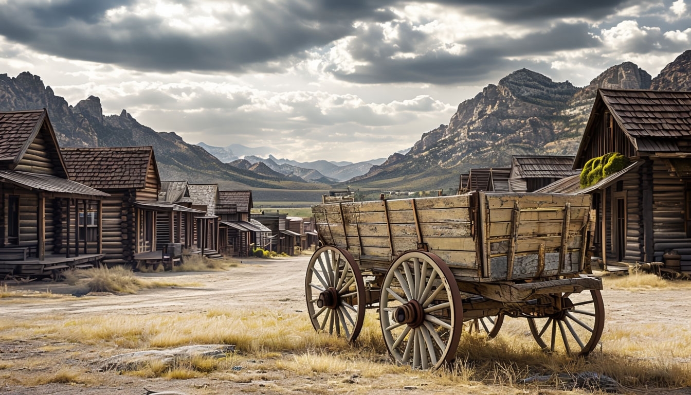 Vintage Western Town Landscape with Rustic Wagon Background