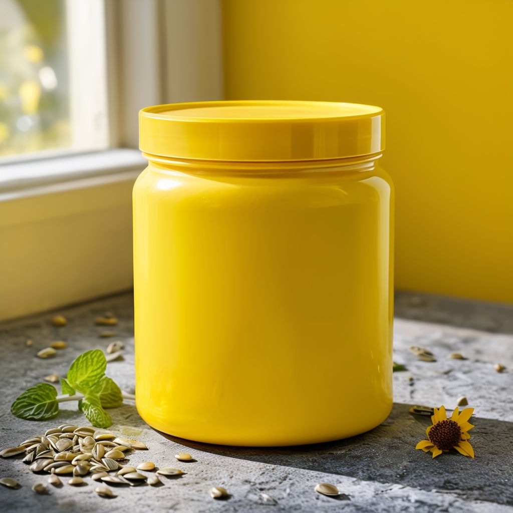 Bright Yellow Food Storage Jar with Sunflower Seeds Art