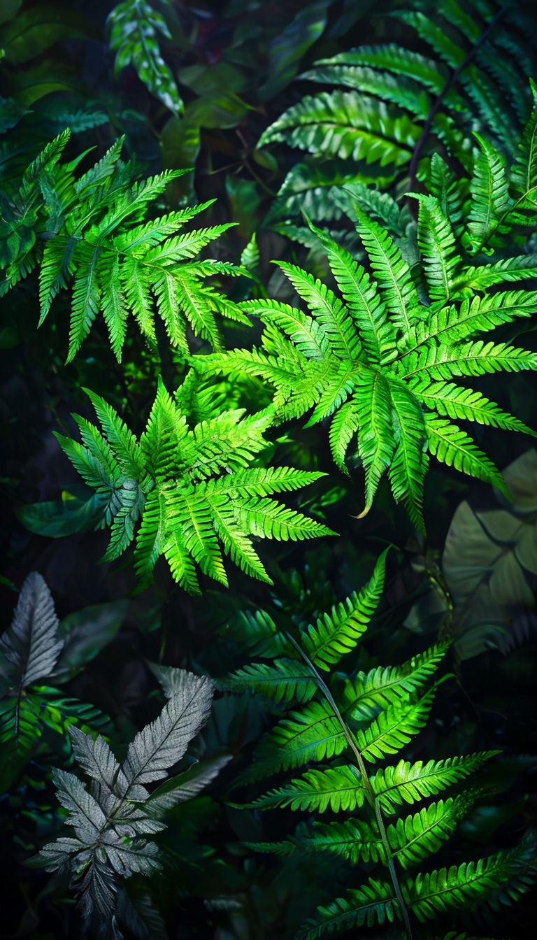 Vibrant Close-Up of Illuminated Fern Leaves Mobile Wallpaper