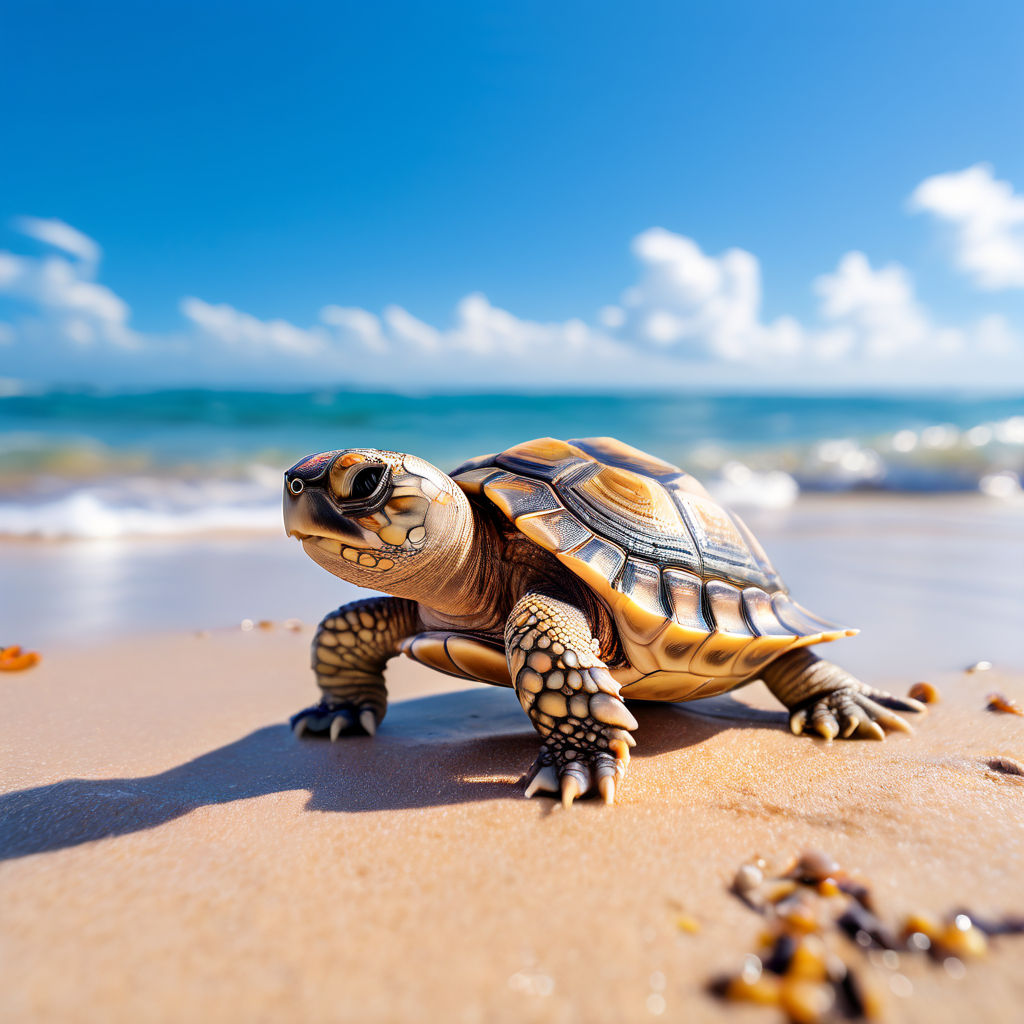 A tiny baby tortoise reaching big sea sand back side view by Kanthan D ...