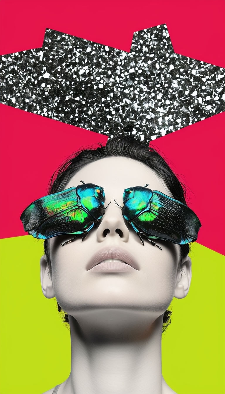 Surreal Mixed Media Portrait with Beetle Wings and Static Art