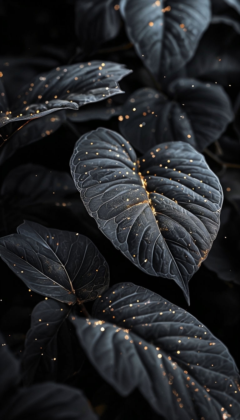 Intricate Dark Leaves with Golden Sparkles Photography Art