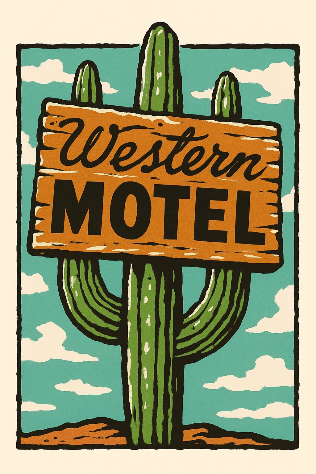 Vintage Saguaro Cactus Motel Illustration with Rustic Sign Poster