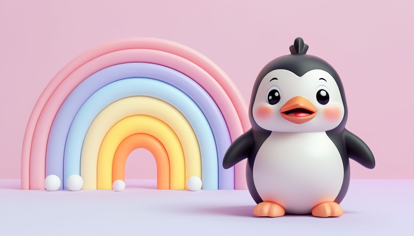 Cheerful 3D Penguin Toy with Rainbow on Pastel Background Virtual Backgrounds