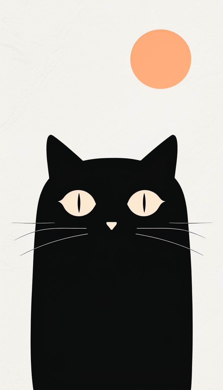 Minimalist Black Cat Illustration with Curious Expression Mobile Wallpaper