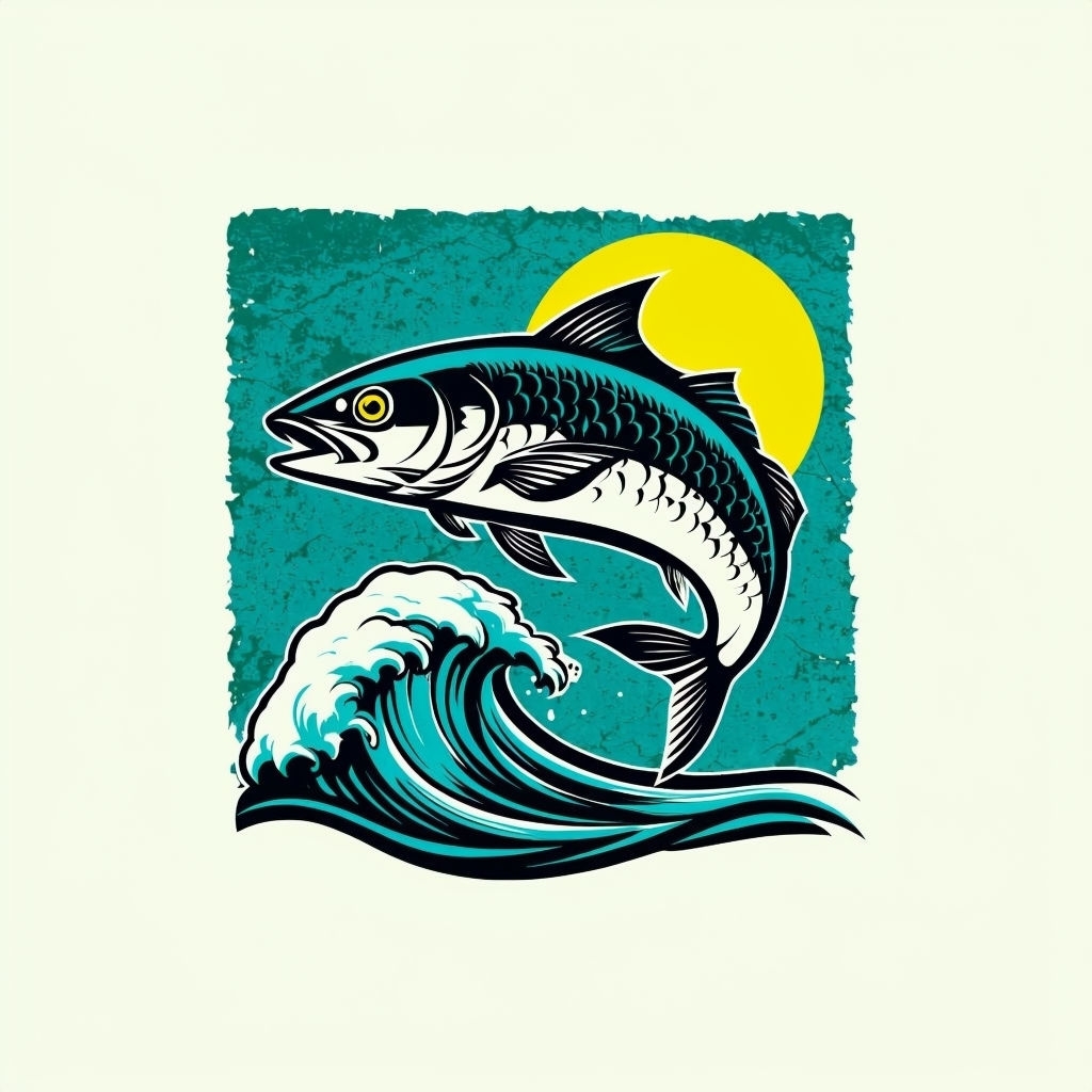 Stylized Leaping Fish and Wave Illustration T-Shirt