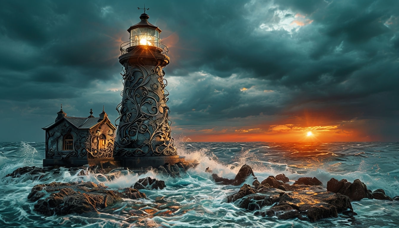 Dramatic Lighthouse at Sunset with Turbulent Sea Art