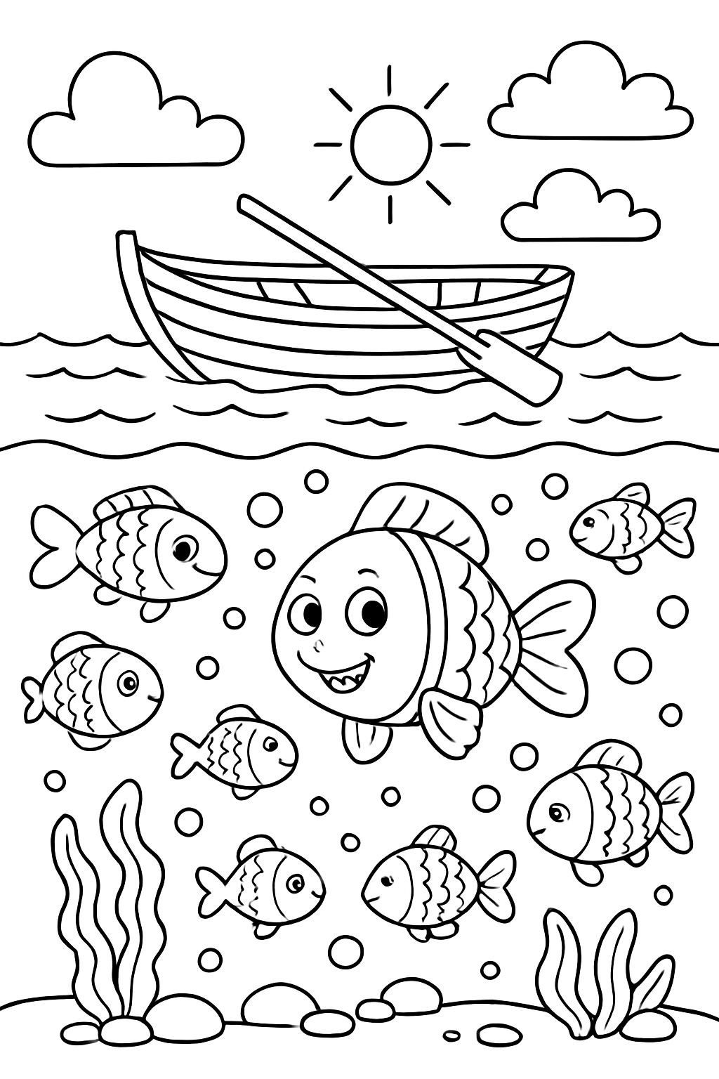 Playful Sky and Sea Scene Coloring Page for Kids