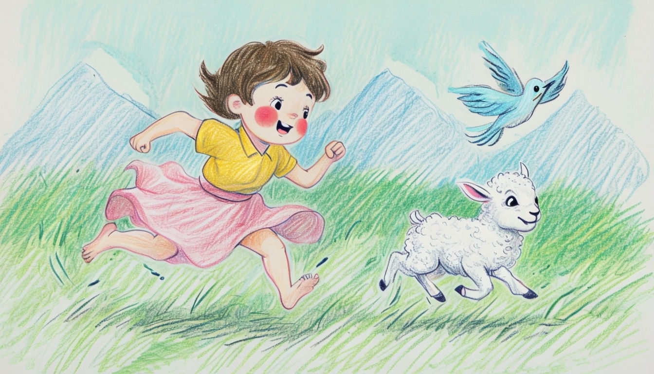 Joyful Whimsical Cartoon Child and Lamb in Pastel Art