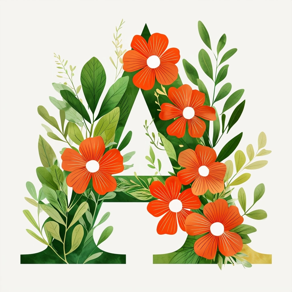 Vibrant Botanical Letter A Design with Flowers and Leaves Monogram